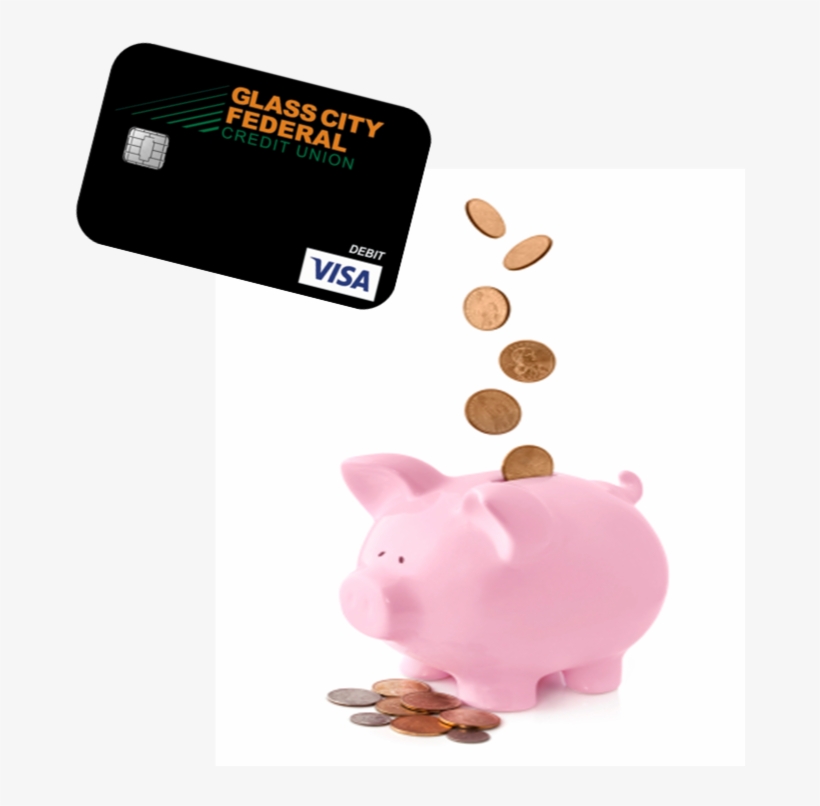Photo Of A Piggy Bank With A Glass City Visa Debit - Debit Card, transparent png download