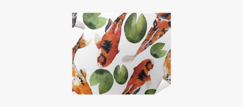 Watercolor Oriental Rainbow Carp With Water Lily Seamless - Watercolor Painting, transparent png download