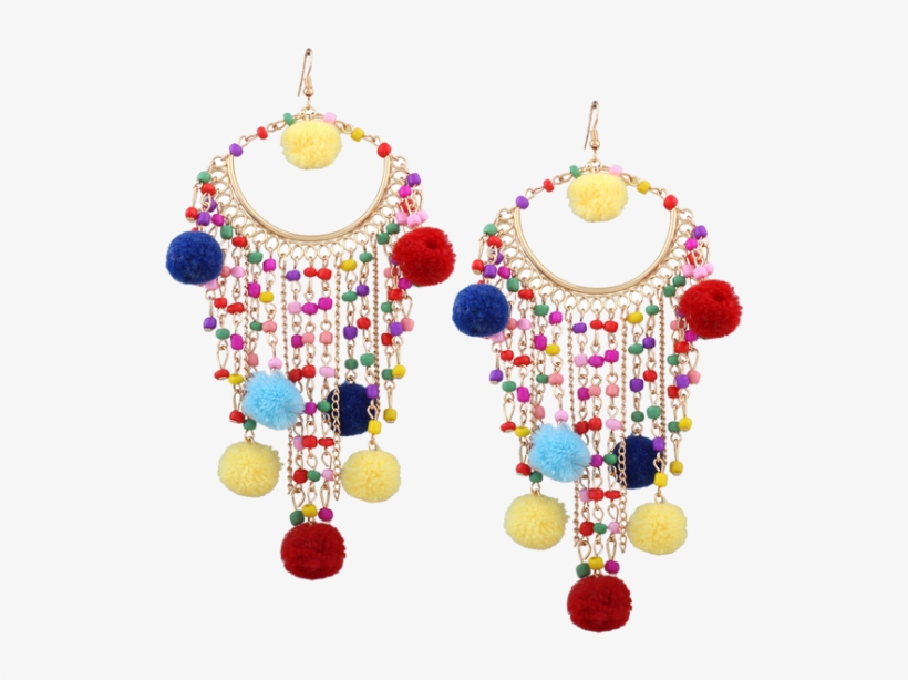 Fuzzy Ball Beaded Finged Tassel Earrings - Women Thread Tassle Fringe Goldtone Pearl Long Drop, transparent png download