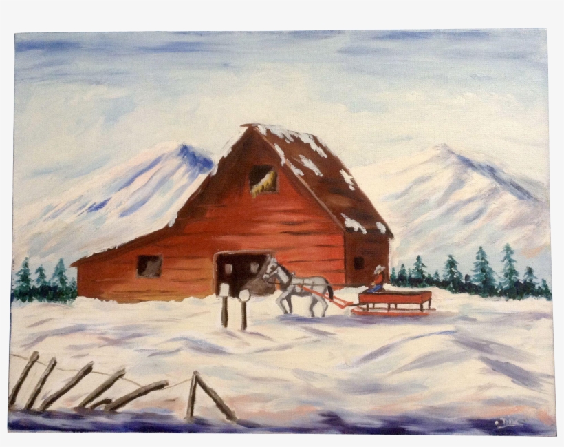 Dot Nix, Folk Art Barn In Winter Oil Painting On Canvas - Art, transparent png download