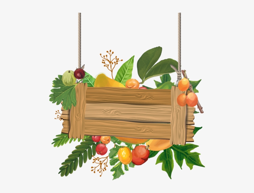 Wooden Hanging With Watercolor Paint Flowers And Fruits, - Psd, transparent png download