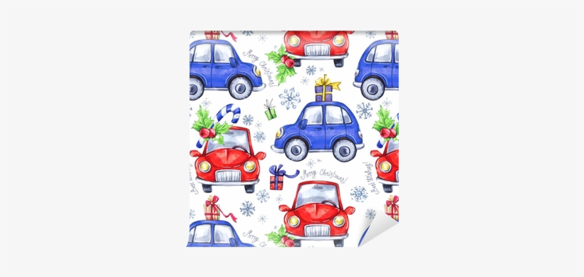 Watercolor Seamless Pattern With Cartoon Holidays Cars - Illustration, transparent png download