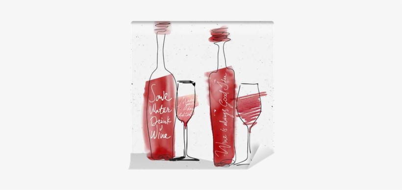 Wine Glass And Bottle, Red Watercolor Sketched Silhouette - Watercolor Painting, transparent png download