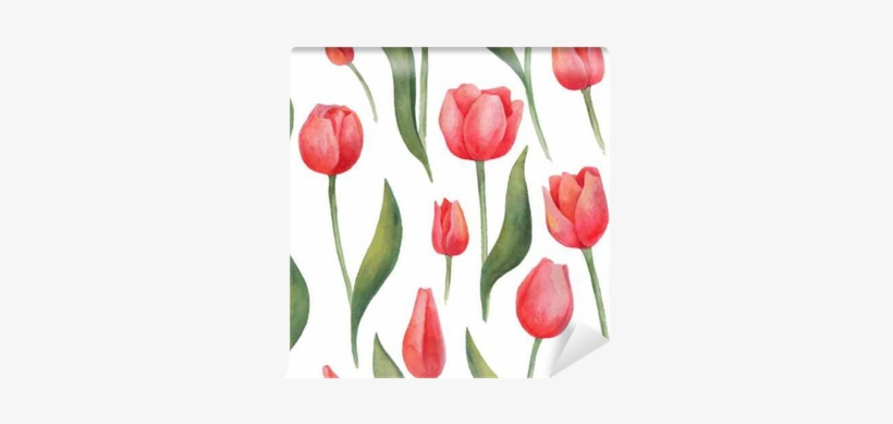 Seamless Watercolor Tulips Pattern On White Background - Rotes Tulpe-muster Kissen, transparent png download