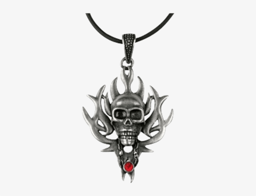 Red Gem Flaming Skull Pendant - Skull With Flame Ruby Pendant Medallion Necklace, transparent png download