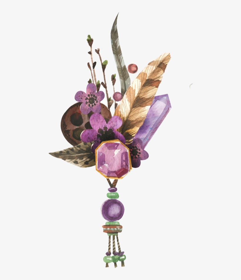 Boho Bohemian Design Sticker Feathers Feather - Gem And Flower Watercolor, transparent png download