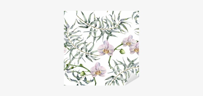 Watercolor Tropic Pattern With Eucalyptus And White - Watercolor Pattern With Eucalyptus Hand Painted Ornament, transparent png download