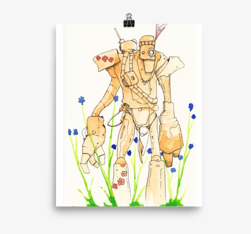 Orange Space Hippie Robot With Blue Flowers Poster - Blue, transparent png download