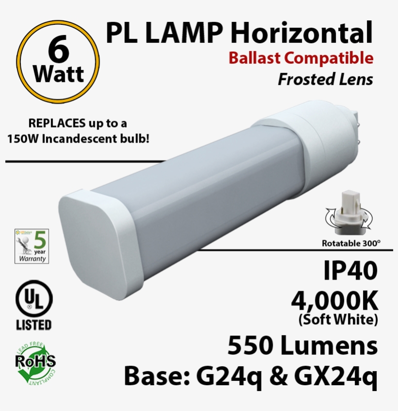 6w Pl Led Lamp 550lm 4000k Frosted Lens G24q Ip40 Ul - C Ul Us, transparent png download