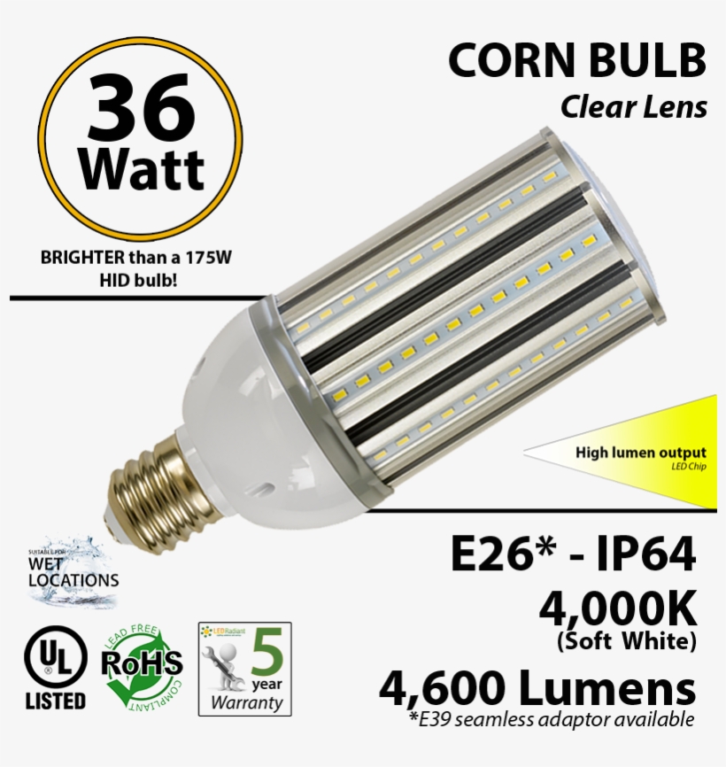 36 Watt Led Corn Bulb 175w Replacement Light 4000k - 36w Led Bulb, transparent png download