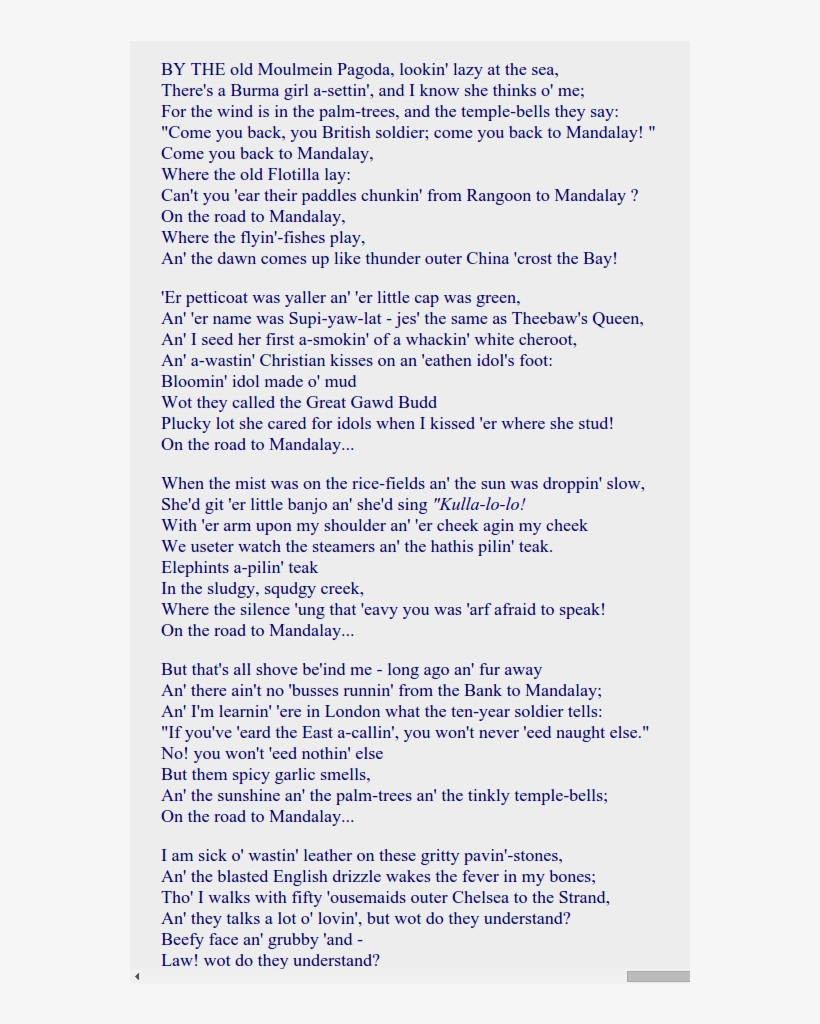 Mandalay By Rudyard Kipling Road To Mandalay Poem PNG Image