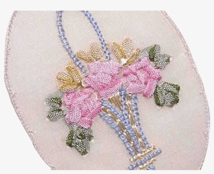 Vintage French Silk Ribbon Applique Basket Of Flowers - Cross-stitch, transparent png download