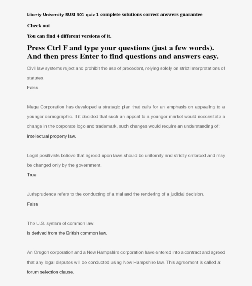 Liberty University Busi 301 Quiz 1complete Solutions - Worksheet, transparent png download