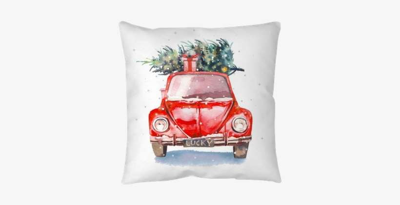 Watercolor Retro Car With Gift Box And Christmas Tree - Watercolor Christmas Tree Png, transparent png download