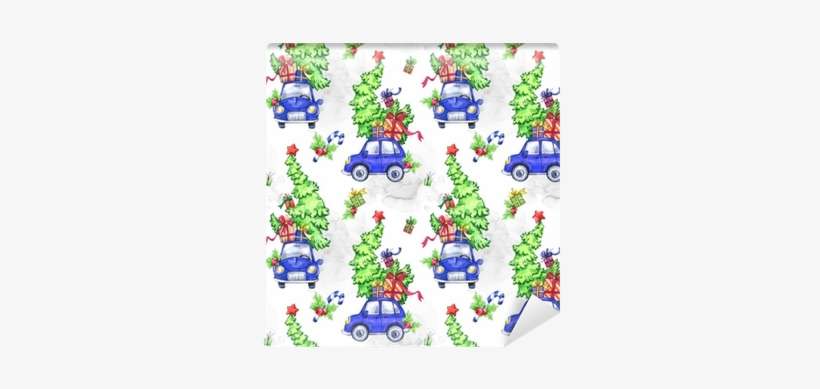 Watercolor Seamless Pattern With Cartoon Holidays Cars, - Photograph, transparent png download