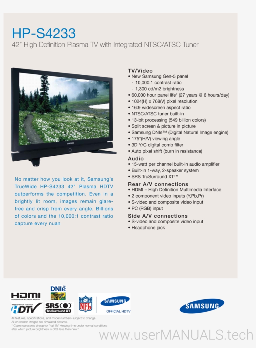 SAMSUNG WIDESCREEN PLASMA DISPLAY TV MODEL HPT4254