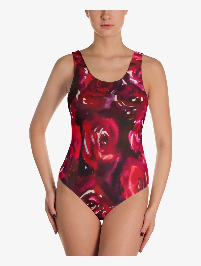 Watercolor Red Rose One-piece Swimsuit - Funny Emoji, transparent png download
