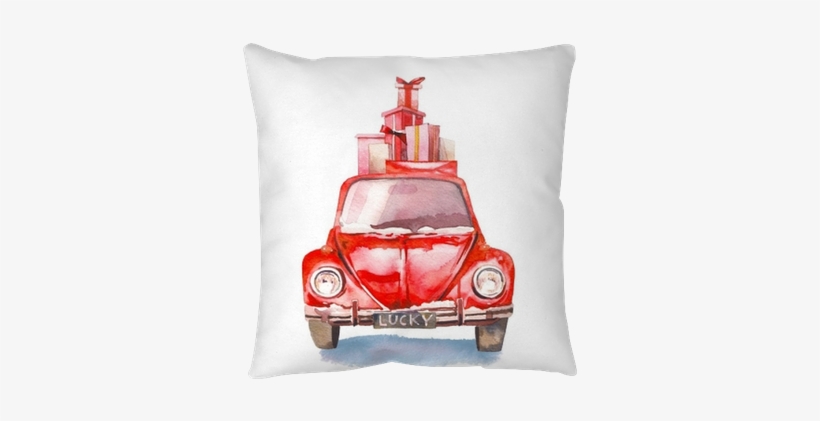 Watercolor Retro Car With Gift Boxes On Top - Watercolor Christmas Tree Png, transparent png download