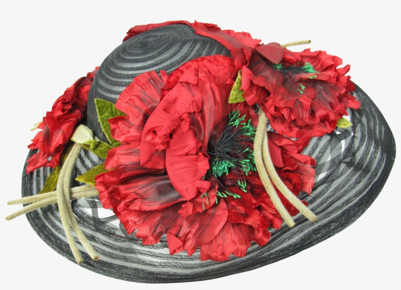 1930's Vintage Black Woven Wide Brimmed Horsehair Hat - Poinsettia, transparent png download