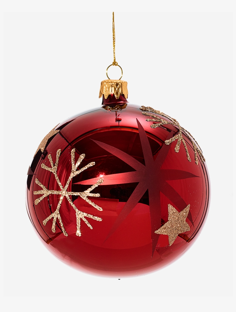 Glass Bauble Red With Golden Stars And Flakes, 10cm - Christmas Ornament, transparent png download