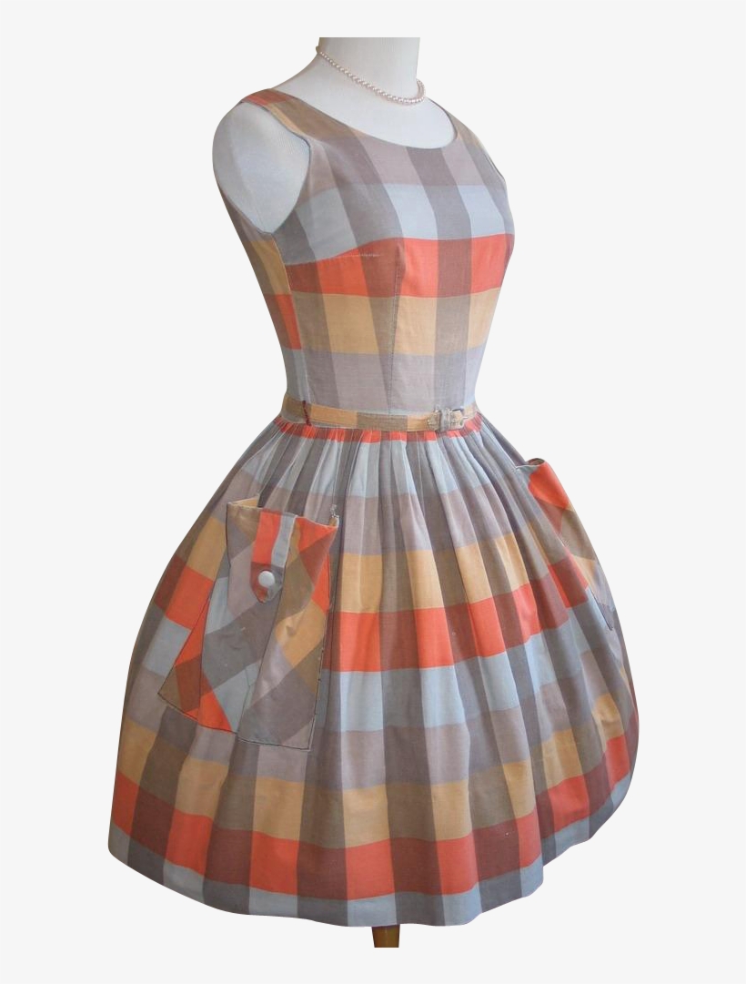 Vintage 1950s 1960s Orange Cocoa Gold Plaid Fit N Flare - Cocktail Dress, transparent png download