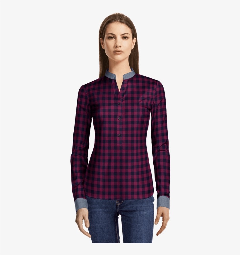 New Red Flannel Checked Shirt With Contrasted Cuffs - Sumissura Women's Blue Bracelet Sleeve Blouse, Tailored, transparent png download