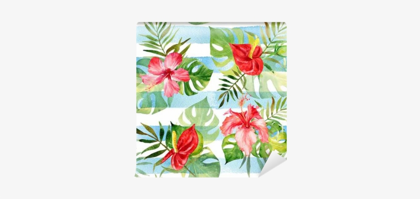 Seamless Pattern With Watercolor Tropical Flowers And - Printing, transparent png download