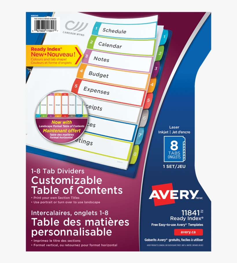 Avery® Ready Index® Customizable Table Of Contents - Avery Style Edge Insertable Plastic Dividers 8-tabs, transparent png download