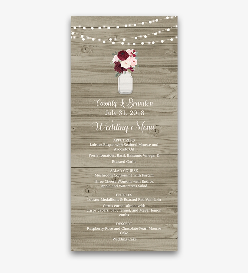Rustic Mason Jar Burgundy Floral Custom Wedding Menu - Bachelorette Party, transparent png download