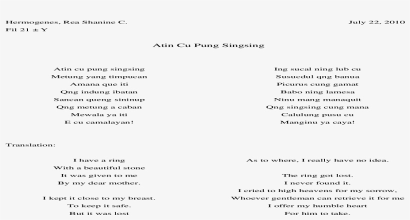 Atin Cu Pung Singsing Lyrics With Notes, transparent png download