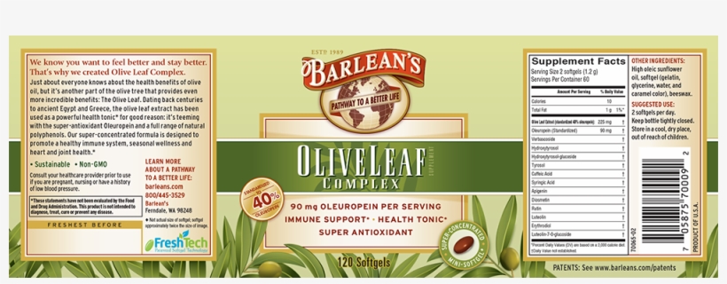 Barlean's - Olive Leaf Complex - 60 Softgels, transparent png download