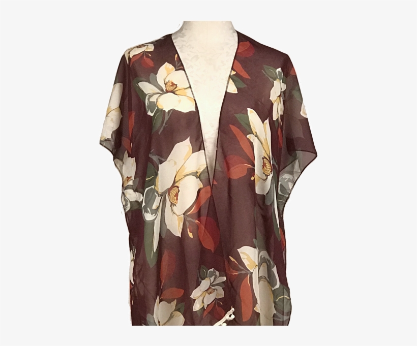 4470 Burgundy Flower Print Kimono W/fringe - Pattern, transparent png download