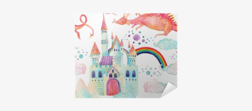 Watercolor Fairy Tale Seamless Pattern With Cute Dragon, - Cute Dragon And Castle, transparent png download