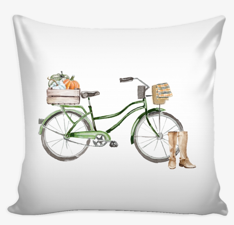 Green Fall Watercolor Bicycle With Pumpkins Pillow - Pillow, transparent png download