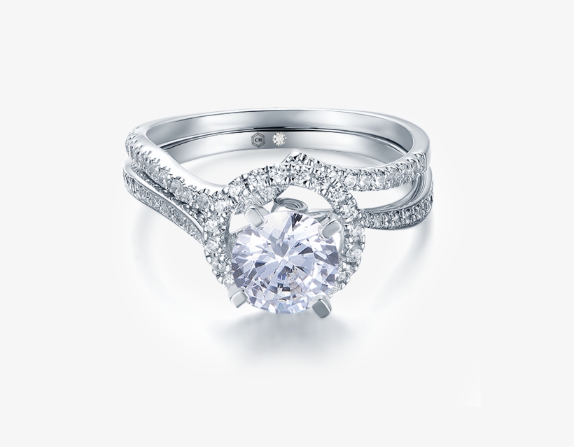 Silhouette Glamorous Wave Diamond Wedding Ring Set - Solitaire Pave Diamond Ring, transparent png download