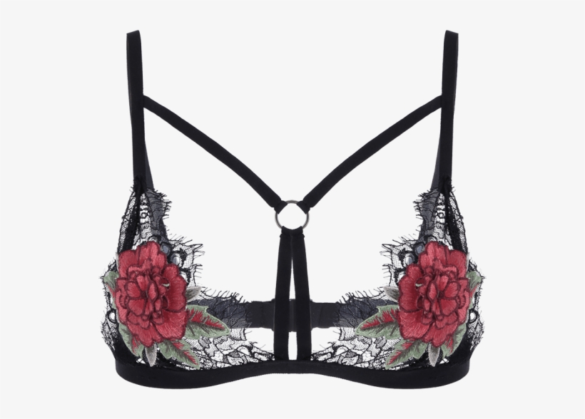 2018 Caged Bralette Floral Applique Lace Bra In Black, transparent png download