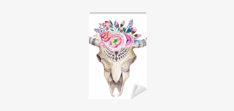 Watercolor Cow Skull With Flowers And Feathers Decoration - Cow And Flowers, transparent png download