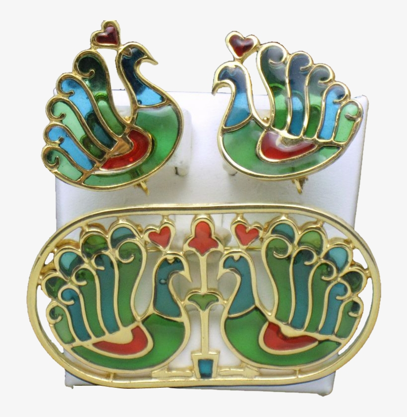 Crown Trifari Peacock Set Plique A Jour Brooch Pin - Emblem, transparent png download