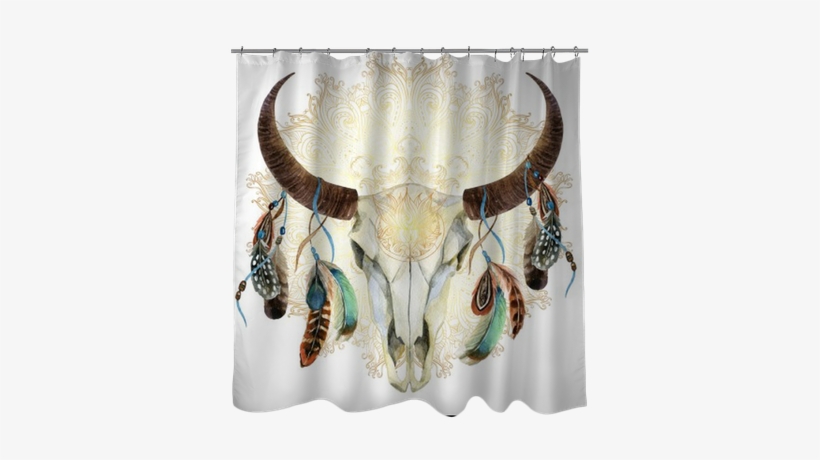 Watercolor Cow Skull With Feathers Shower Curtain • - Animal Skull With Feathers, transparent png download
