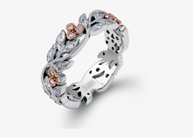 14k Rose And White Leaf Pattern Diamond Ring - Leaf Pattern Diamond Ring, transparent png download