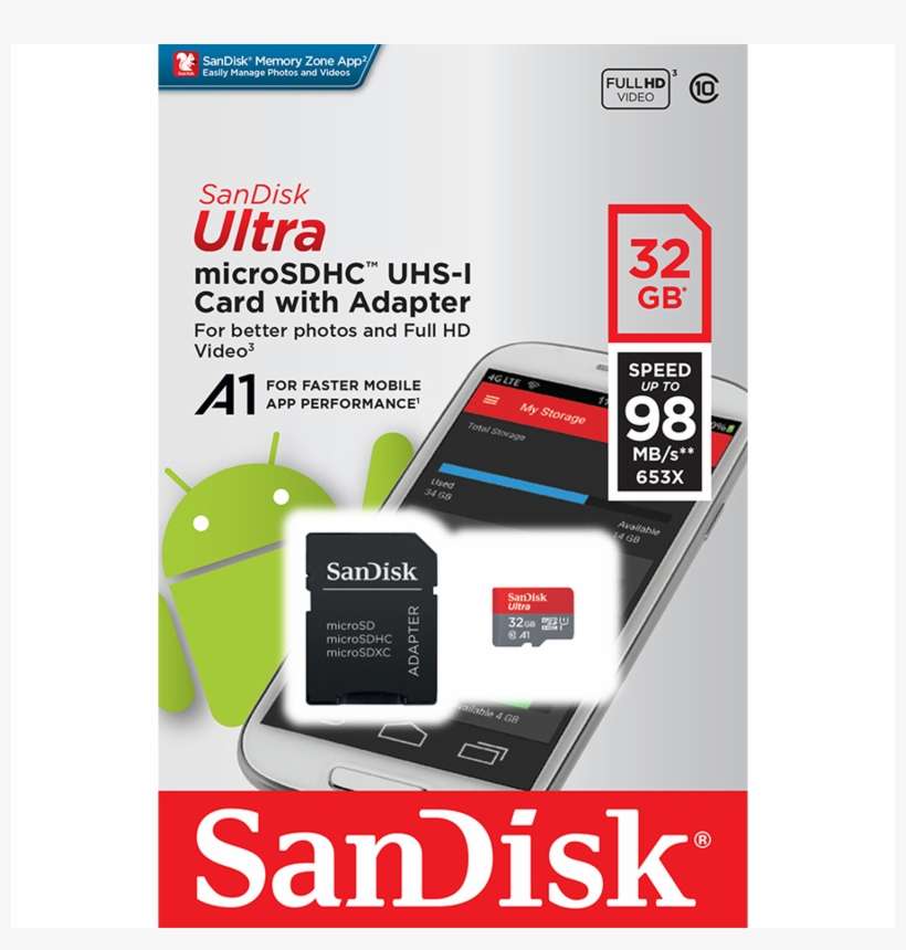 Buy Sandisk Ultra Android 32gb Microsd Adapter 98mb/s - Sandisk Ultra 32gb 98mb S, transparent png download