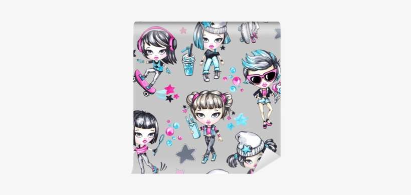 Watercolor Seamless Pattern With Fashion Teenagers - Design, transparent png download