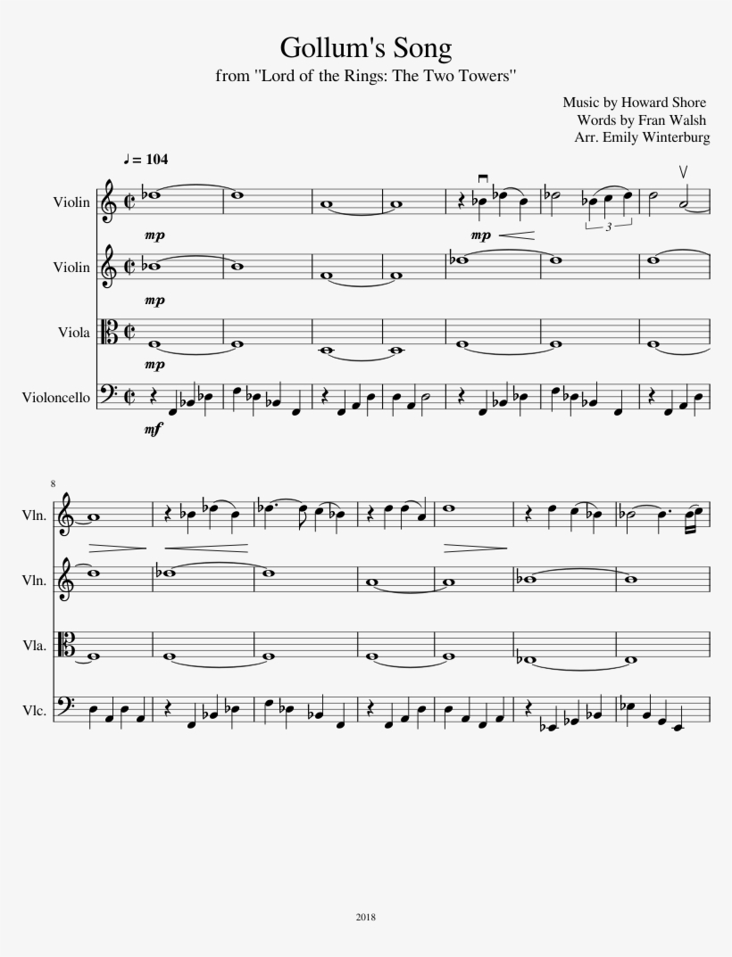 Gollum's Song For String Quartet Sheet Music For Violin,, transparent png download