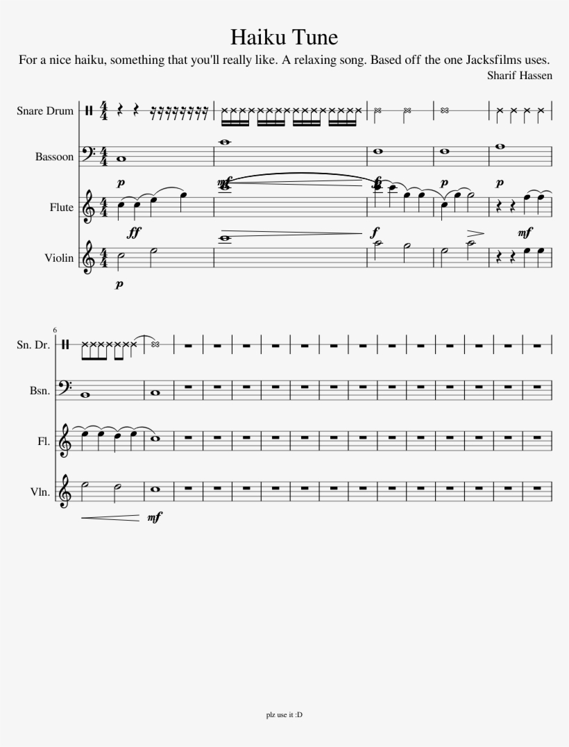 Haiku Tune Sheet Music For Flute, Violin, Percussion,, transparent png download