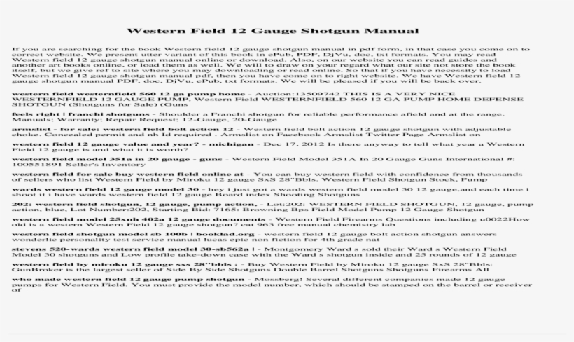 Western Field 12 Gauge Shotgun Manual, transparent png download