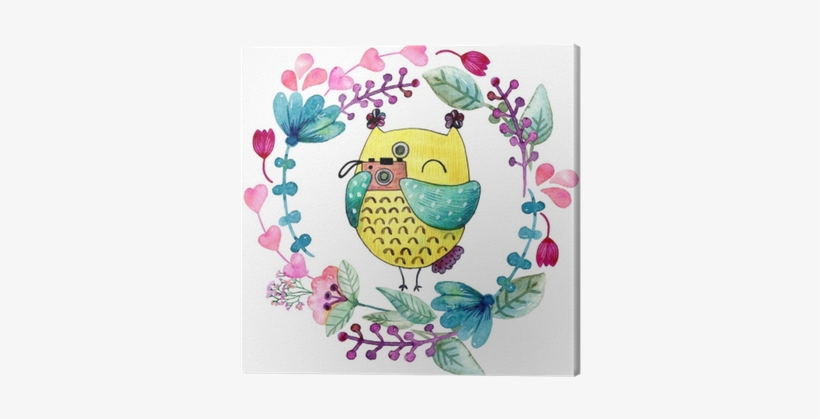 Watercolor Funny Illustration With Owl And Flowers - Watercolor Painting, transparent png download