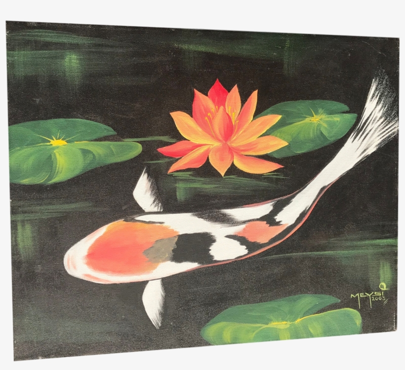 Original Koi Fish & Lotus Orange & Green Painting Feng - Painting, transparent png download