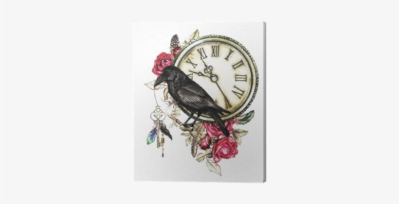 Watercolor Illustration With Crow, Red Roses, Clock, - Gothic Crow And Key Tattoo, transparent png download