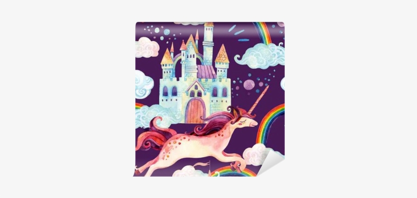 Watercolor Unicorn And Castle Seamless Pattern Wall - Unicorn, transparent png download