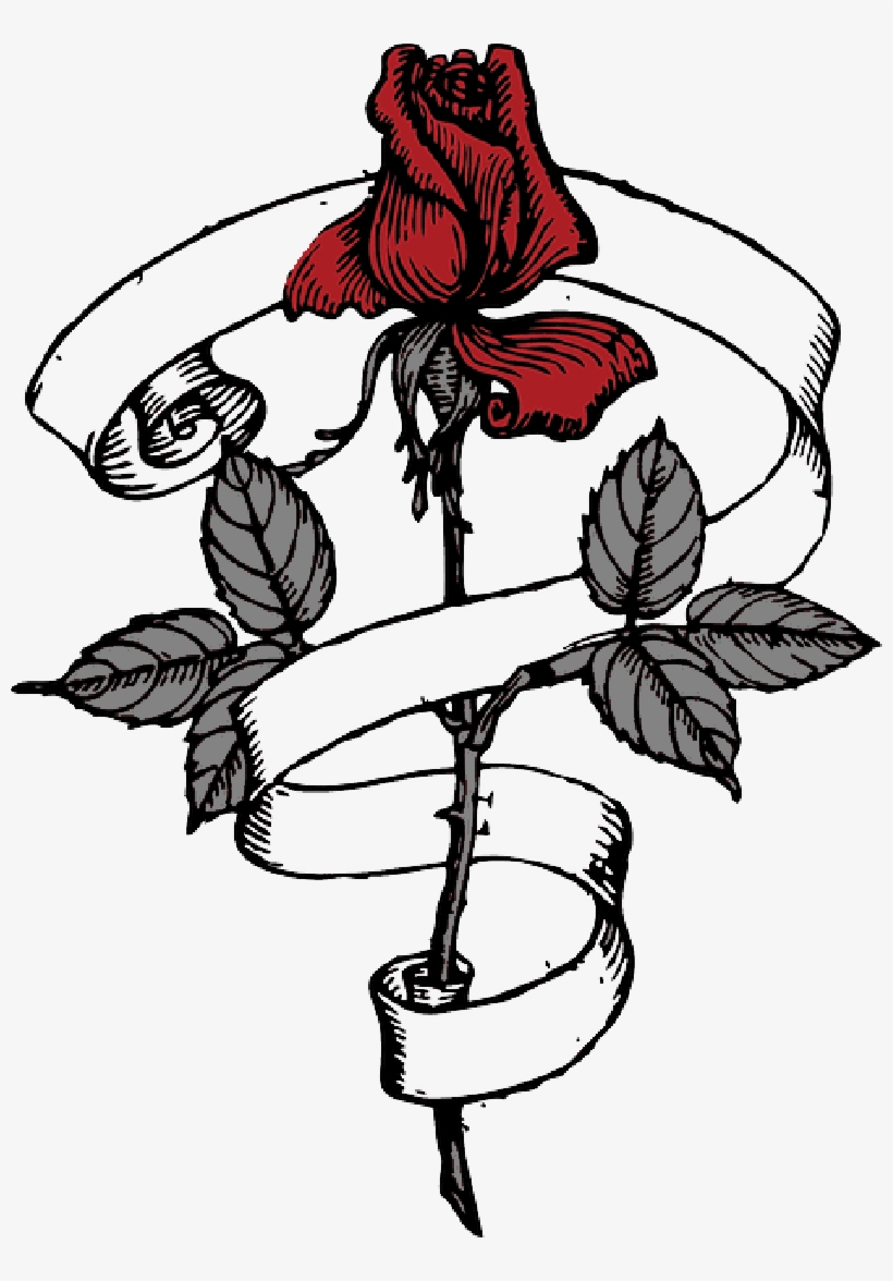 Scroll Tribal Outdfdfdline Drawing Design Tree Flower - Rose With Ribbon Around, transparent png download